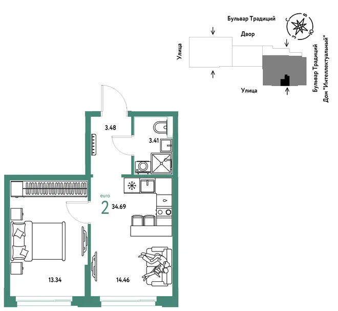 Планировка 2-комн. квартира, 34.69 м² ЖК «Микрорайон Домашний» Планировка 2-комн. квартира, 34.69 м² ЖК «Микрорайон Домашний»