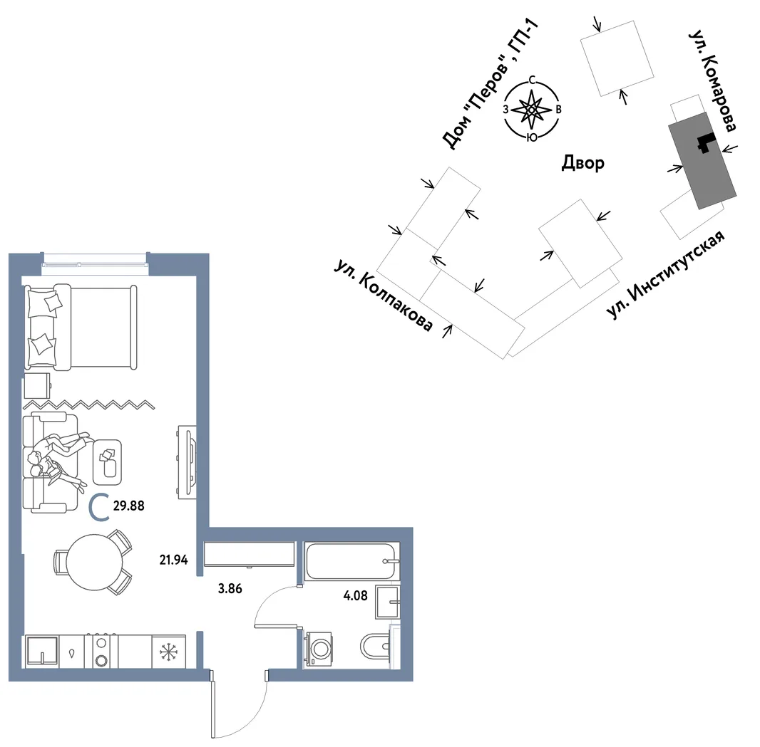Планировка Студия, 29.88 м² ЖК «Страна.Парковая»