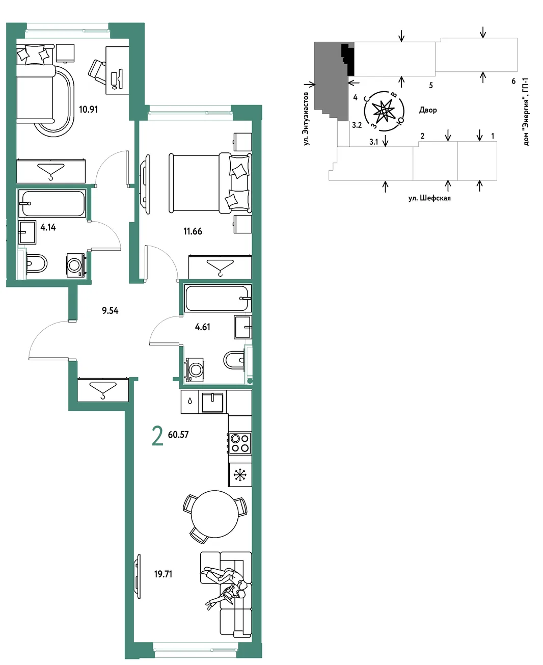 Планировка 2-комн. квартира, 60.57 м² ЖК «Страна.Энтузиастов»