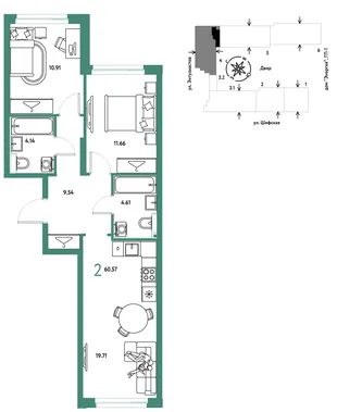Планировка 2-комн. квартира, 60.57 м² ЖК «Страна.Энтузиастов»