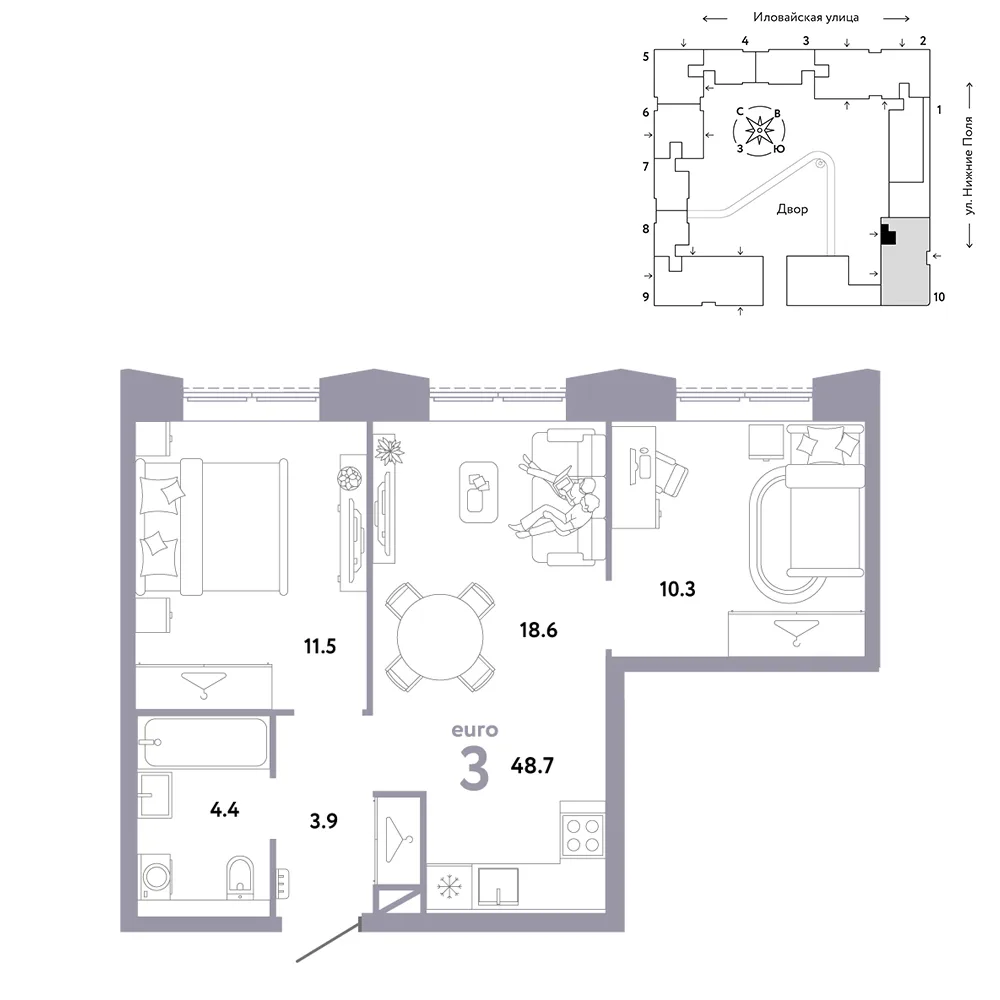 Планировка 3-комн. квартира, 48.7 м² ЖК «Страна.Заречная»
