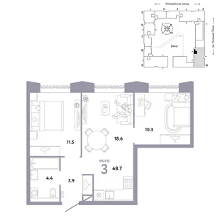 Планировка 3-комн. квартира, 48.7 м² ЖК «Страна.Заречная»