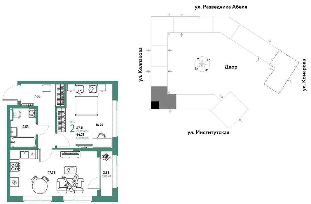 Планировка 2-комн. квартира, 47.11 м² ЖК «Страна.Парковая»