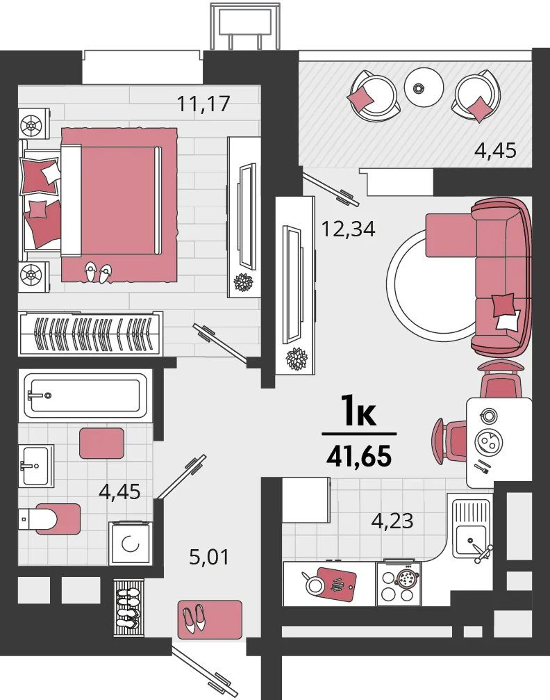 Планировка 2-комн. квартира, 41.65 м² ЖК «Родные просторы»