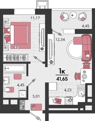 Планировка 2-комн. квартира, 41.65 м² ЖК «Родные просторы»