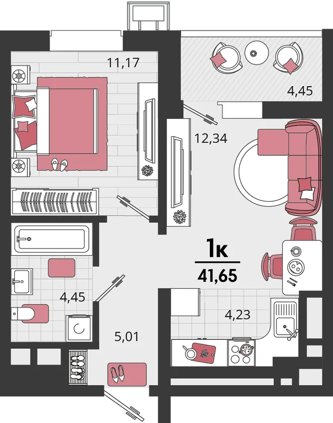 Планировка 2-комн. квартира, 41.65 м² ЖК «Родные просторы»