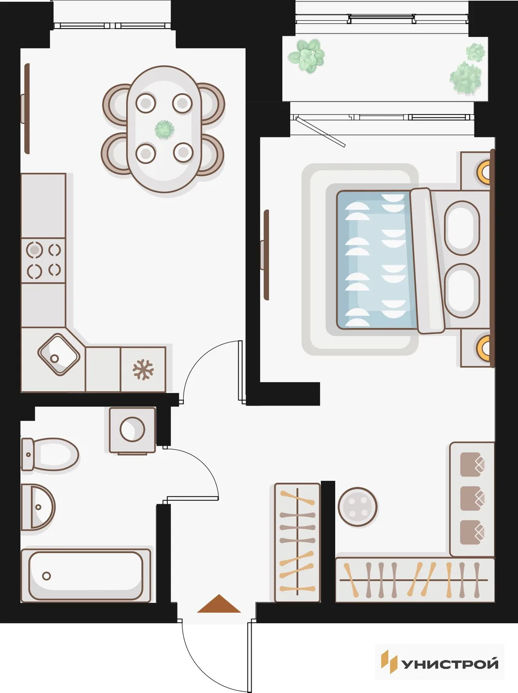 Планировка 1-комн. квартира, 41.18 м² ЖК «Жилой кластер Q на Кулагина»