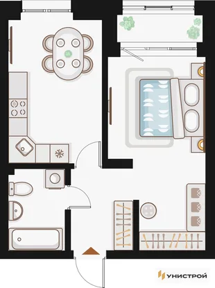 Планировка 1-комн. квартира, 41.18 м² ЖК «Жилой кластер Q на Кулагина»