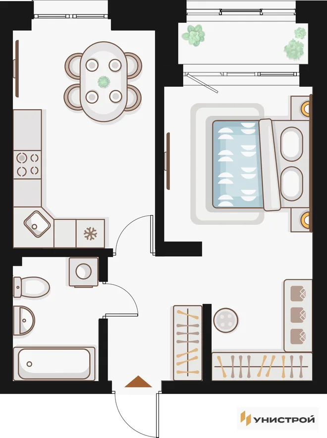 Планировка 1-комн. квартира, 41.18 м² ЖК «Жилой кластер Q на Кулагина»