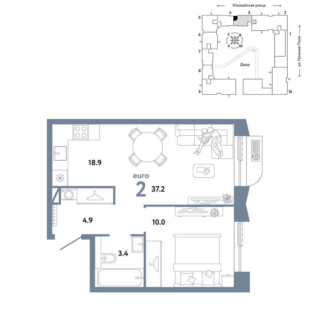 Планировка 2-комн. квартира, 37.2 м² ЖК «Страна.Заречная»