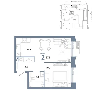 Планировка 2-комн. квартира, 37.2 м² ЖК «Страна.Заречная»