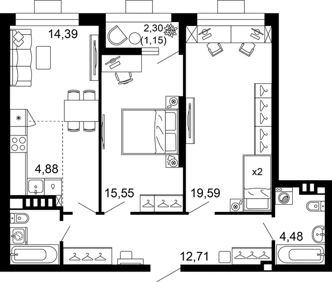 Планировка 3-комн. квартира, 76 м² ЖК «Клубный квартал 1799»