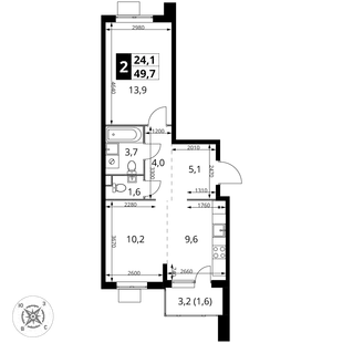 Планировка 2-комн. квартира, 49.7 м² ЖК «1-й Шереметьевский»