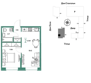 Планировка 2-комн. квартира, 37.09 м² ЖК «Европейский берег 2.0»