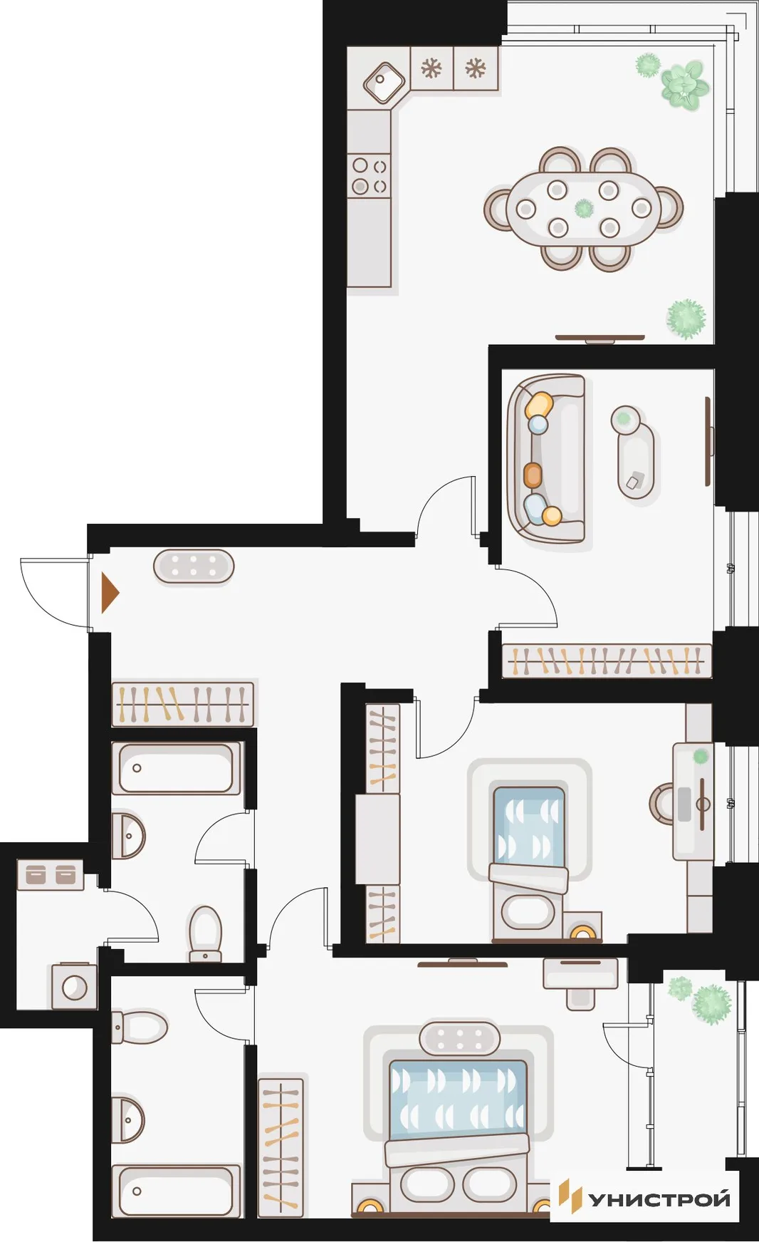 Планировка 3-комн. квартира, 99.25 м² ЖК «Жилой кластер Q на Кулагина»