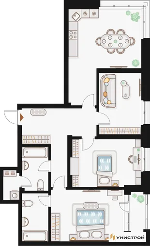 Планировка 3-комн. квартира, 99.25 м² ЖК «Жилой кластер Q на Кулагина»