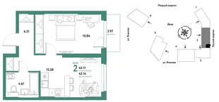 Планировка 2-комн. квартира, 45.11 м² ЖК «Сибирский сад»