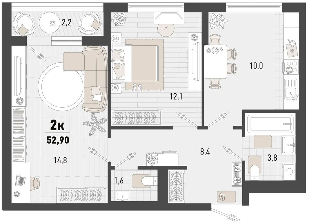 Планировка 2-комн. квартира, 52.9 м² ЖК «Барса»