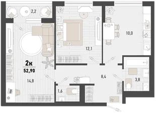 Планировка 2-комн. квартира, 52.9 м² ЖК «Барса»