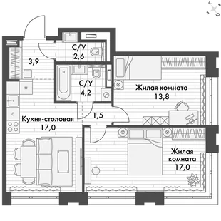 Квартира 2-комн. квартира, 57.6 м² ЖК «Философия» Фото 1 Квартира 2-комн. квартира, 57.6 м² ЖК «Философия» Фото 1
