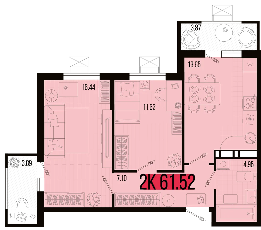 Планировка 2-комн. квартира, 57.64 м² ЖК «Цветной бульвар»