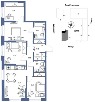 Планировка 4-комн. квартира, 81.12 м² ЖК «Европейский берег 2.0»
