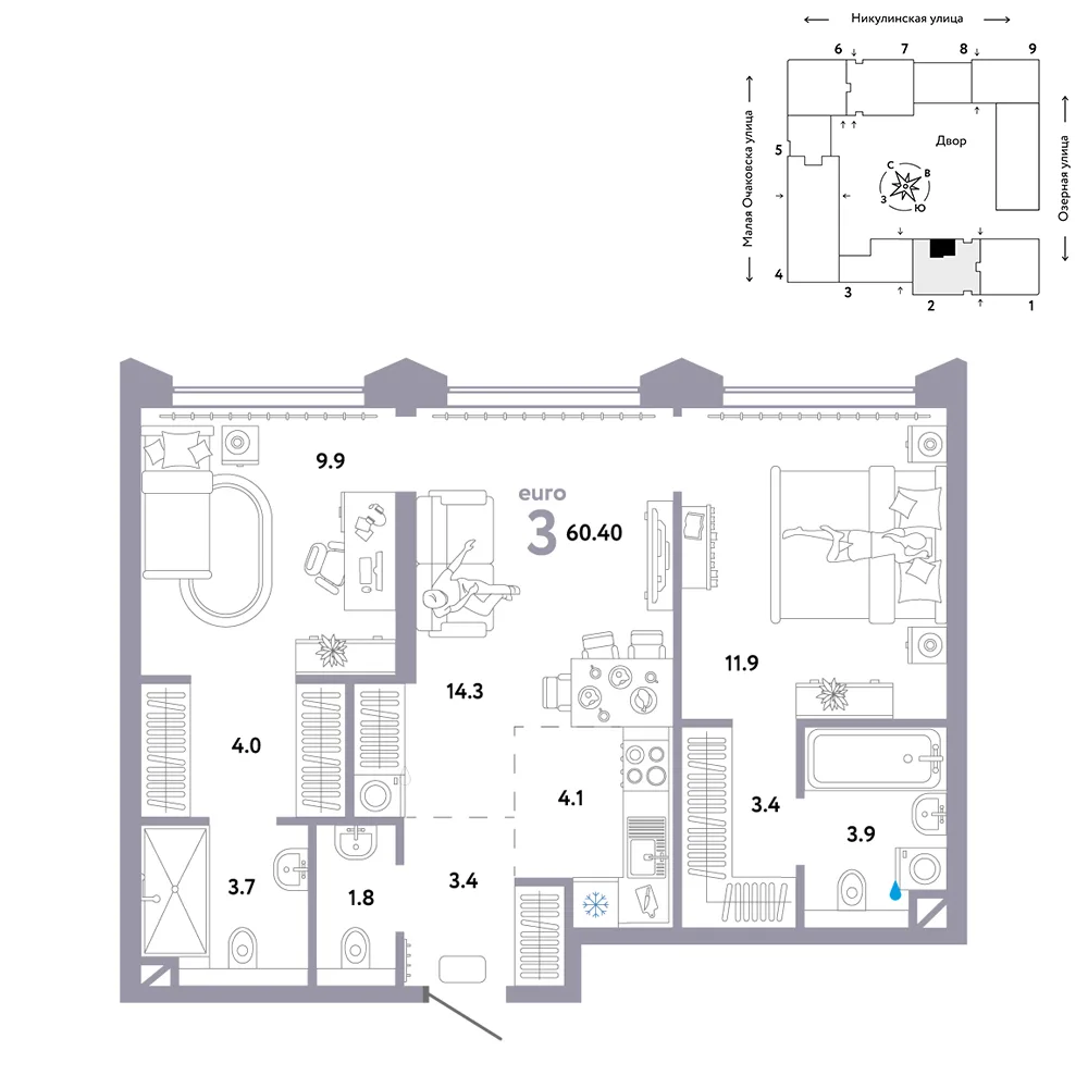 Планировка 3-комн. квартира, 60.4 м² ЖК «Страна.Озёрная»