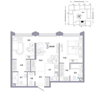 Планировка 3-комн. квартира, 60.4 м² ЖК «Страна.Озёрная»