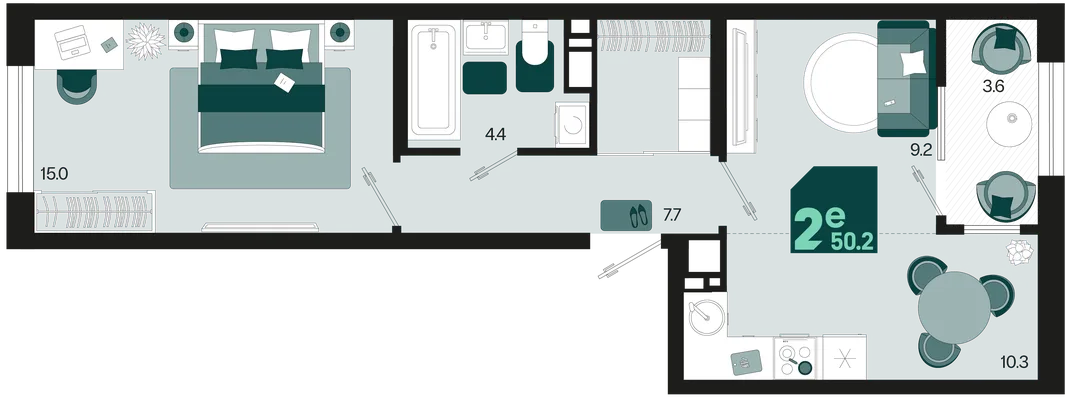 Планировка 2-комн. квартира, 50.2 м² ЖК «Первое место»