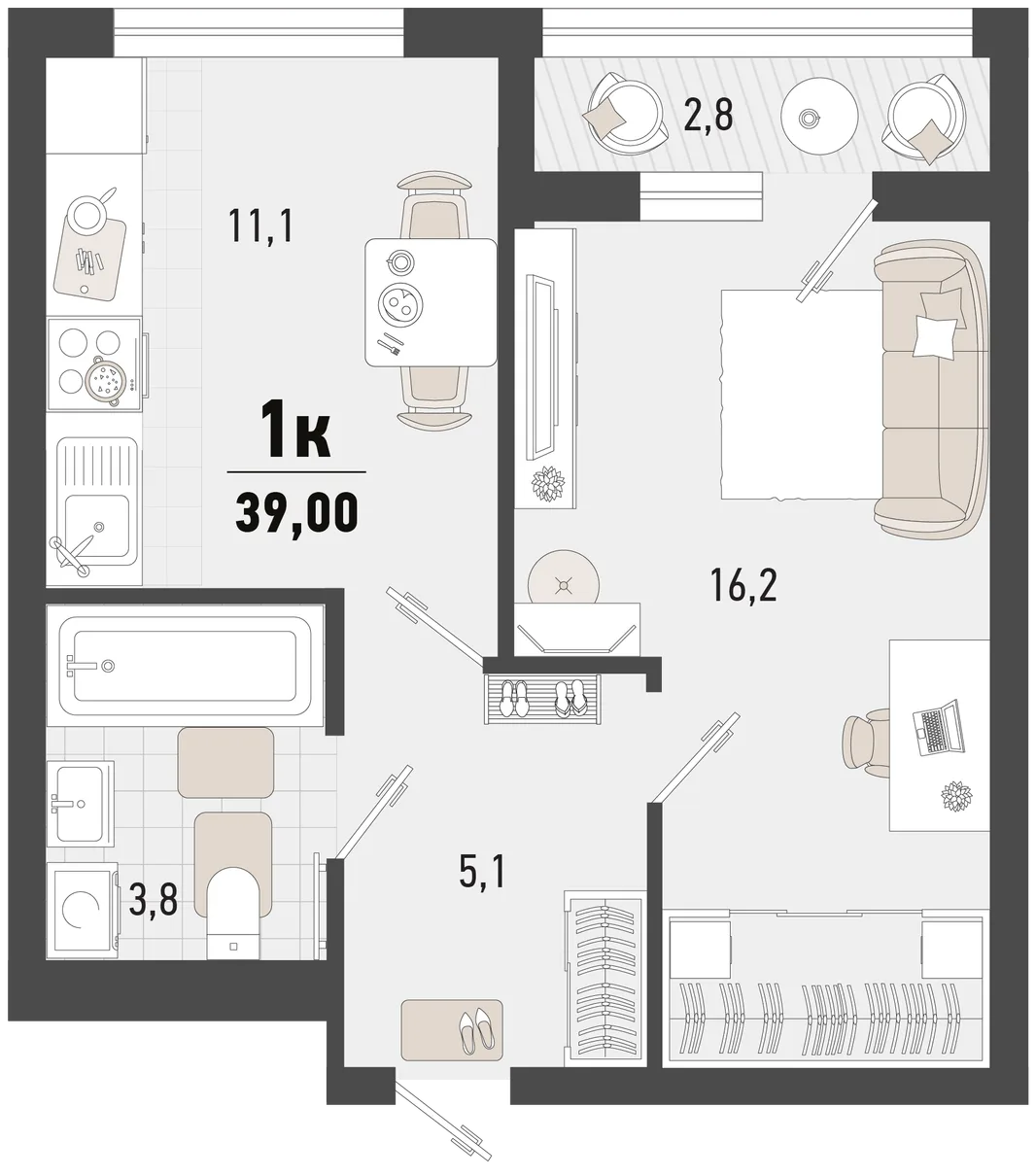 Планировка 1-комн. квартира, 39 м² ЖК «Барса»