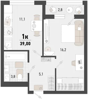 Планировка 1-комн. квартира, 39 м² ЖК «Барса»