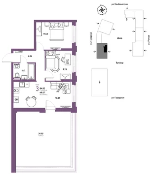 Планировка 3-комн. квартира, 84.82 м² ЖК «Уральский сад»