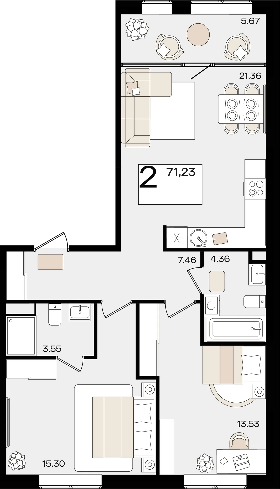 Планировка 2-комн. квартира, 70.51 м² ЖК «Патрики»