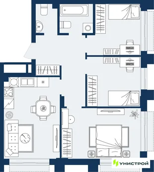 Планировка 3-комн. квартира, 64.81 м² ЖК «ГРАНД БЕРЕГ»