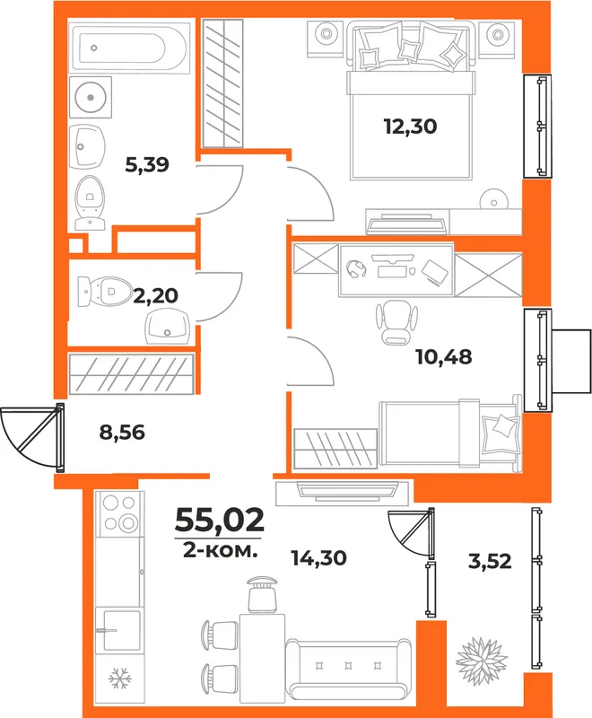 Планировка 2-комн. квартира, 55.02 м² ЖК «Живописный сад» Планировка 2-комн. квартира, 55.02 м² ЖК «Живописный сад»