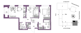 Планировка 3-комн. квартира, 57.09 м² ЖК «Сердце Сибири»