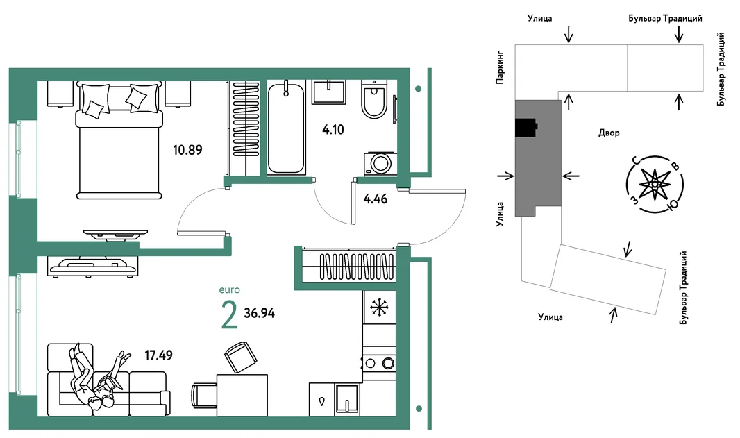 Планировка 2-комн. квартира, 36.94 м² ЖК «Микрорайон Домашний»