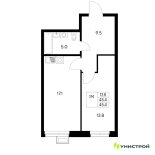 Планировка 1-комн. квартира, 45.4 м² ЖК «Стадиум»