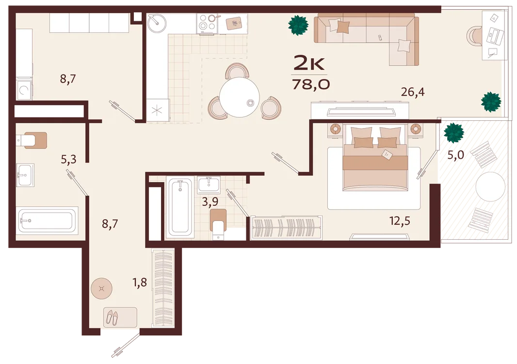 Планировка 2-комн. квартира, 78 м² ЖК «Роялта»