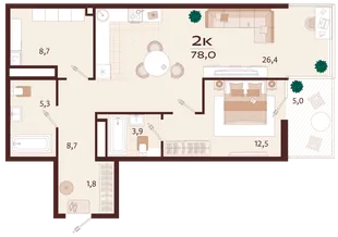 Планировка 2-комн. квартира, 78 м² ЖК «Роялта»