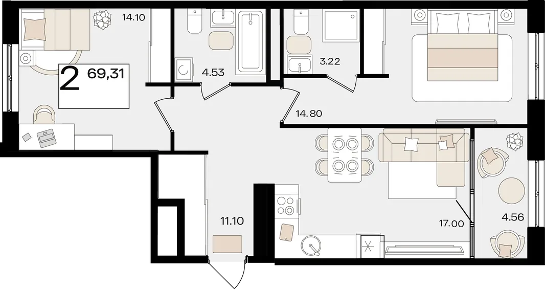 Планировка 2-комн. квартира, 68.2 м² ЖК «Патрики»
