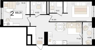 Планировка 2-комн. квартира, 68.2 м² ЖК «Патрики»