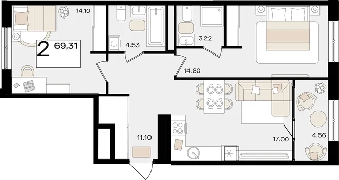 Планировка 2-комн. квартира, 68.2 м² ЖК «Патрики» Планировка 2-комн. квартира, 68.2 м² ЖК «Патрики»