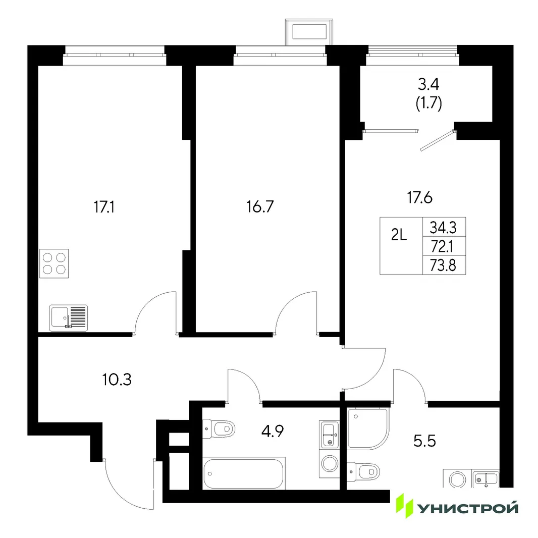 Планировка 2-комн. квартира, 73.8 м² ЖК «Стадиум»