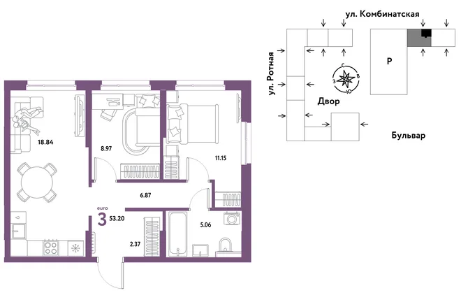 Планировка 3-комн. квартира, 53.2 м² ЖК «Уральский сад» Планировка 3-комн. квартира, 53.2 м² ЖК «Уральский сад»