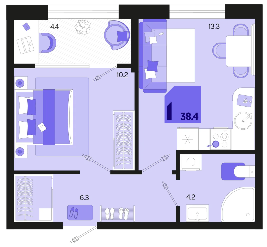 Планировка 1-комн. квартира, 38.4 м² ЖК «Первое место»