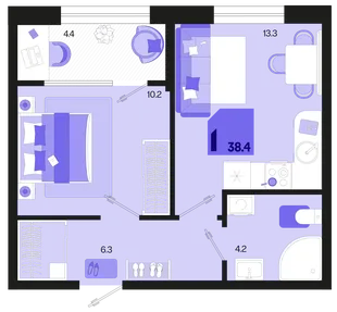 Планировка 1-комн. квартира, 38.4 м² ЖК «Первое место»