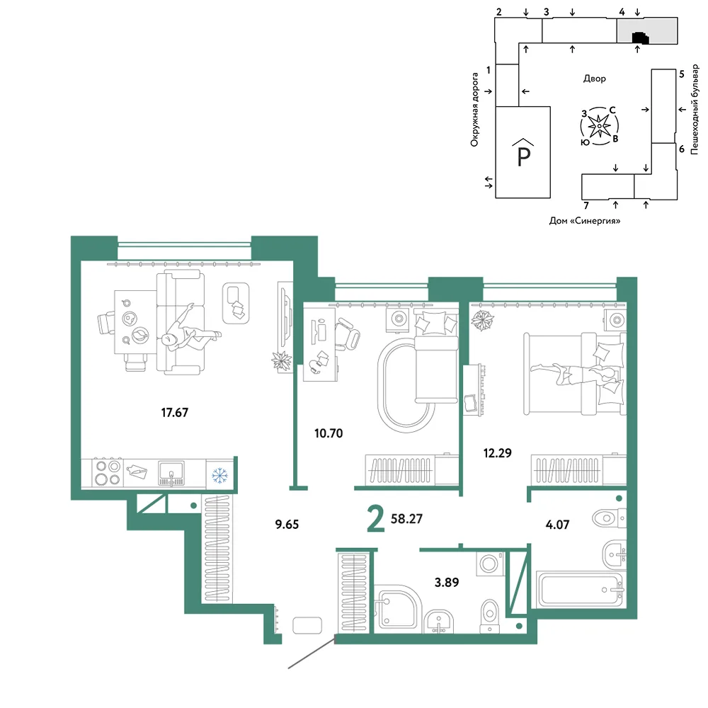 Планировка 2-комн. квартира, 58.27 м² ЖК «Юнион»