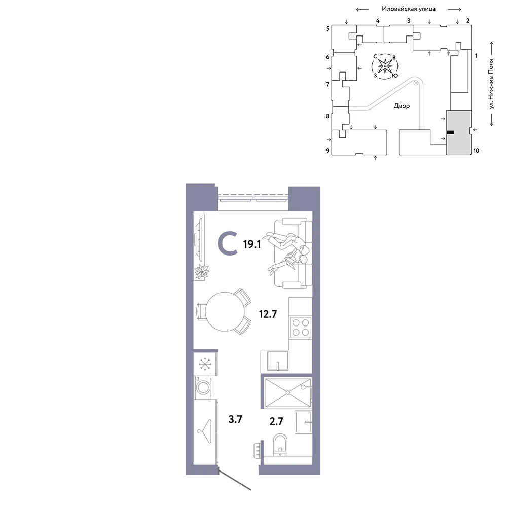 Планировка Студия, 19.1 м² ЖК «Страна.Заречная»
