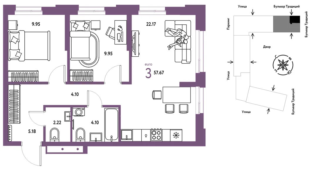 Планировка 3-комн. квартира, 57.67 м² ЖК «Микрорайон Домашний»